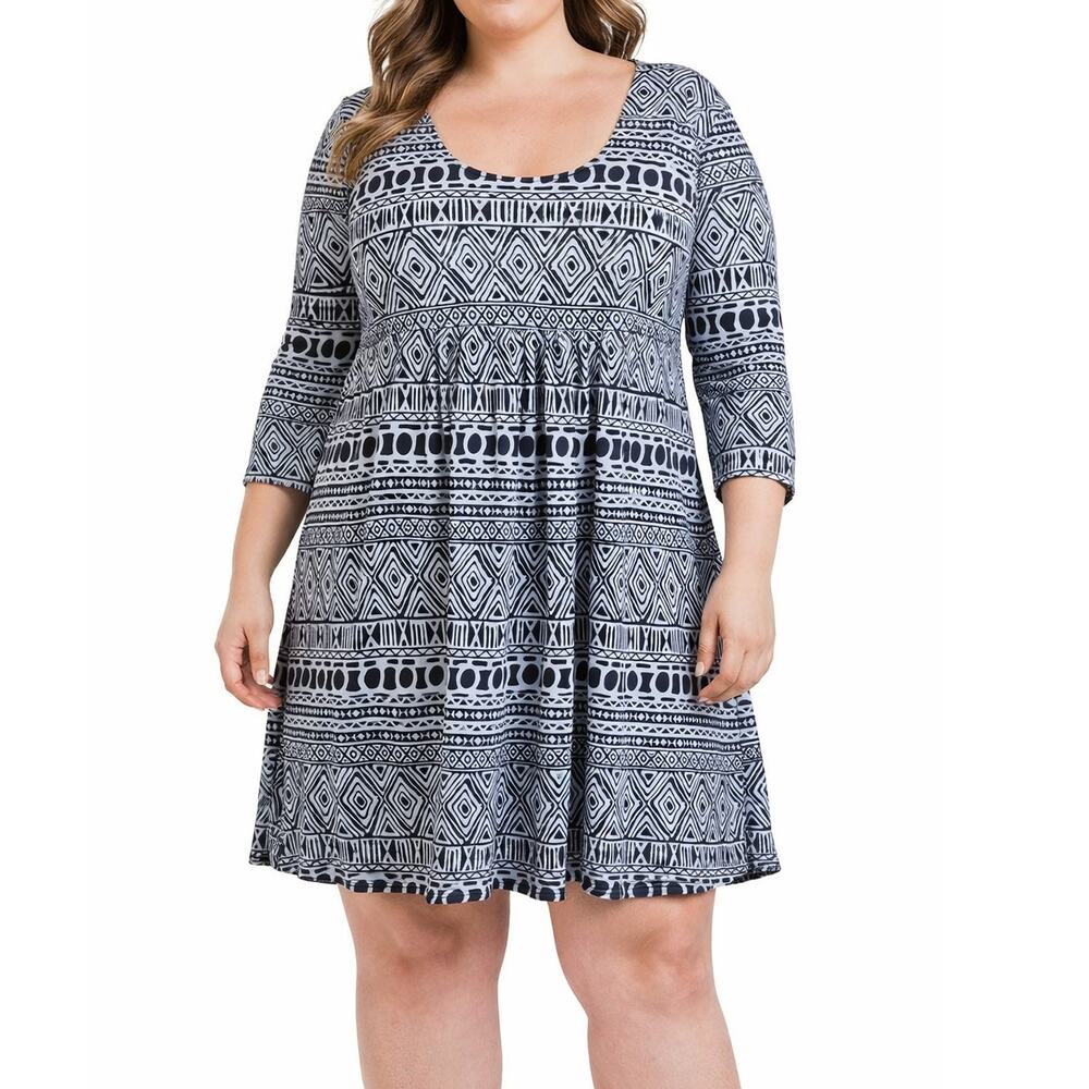 R & B Collection Women’s XL Blue Geometric Stretch A‑Line Knee‑Length Dress
